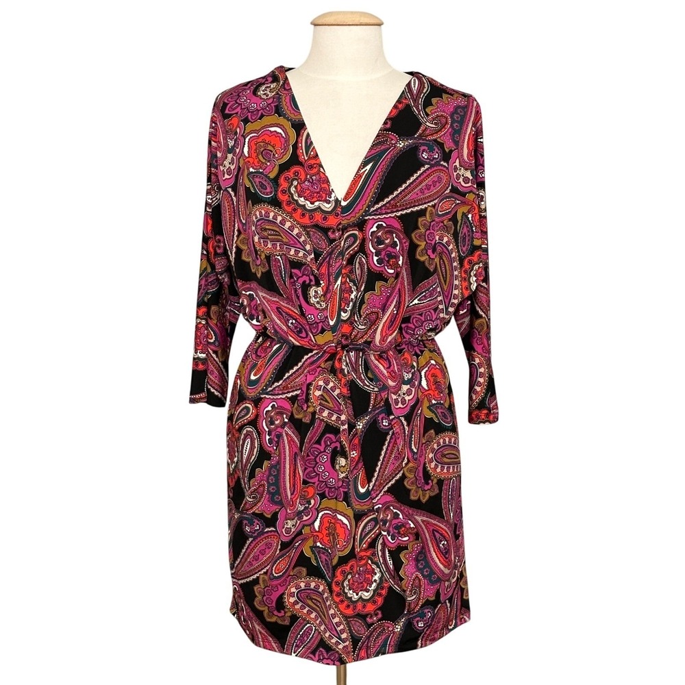 Trina Turk Women Dress M Colorful Paisley Faux Wrap Retro Mod 70s 90s Y2KTravel